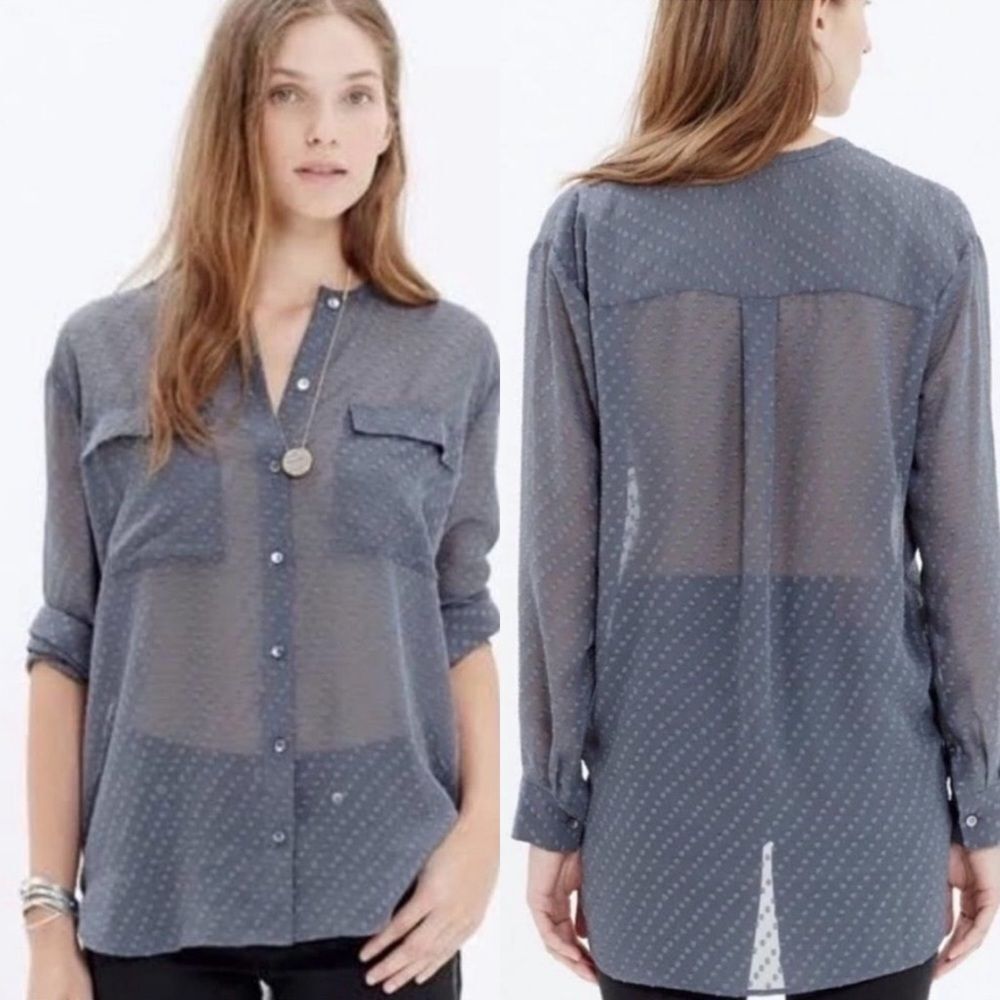 Madewell Ice Leaf Sheer Button Down Long Sleeve Top Size Large
